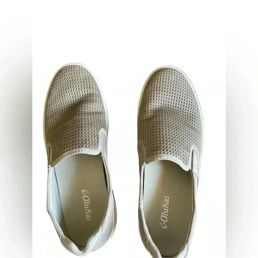 Olukai Pehuea Clay Khaki Green Perforated Textile Round Toe Slip On Sneakers